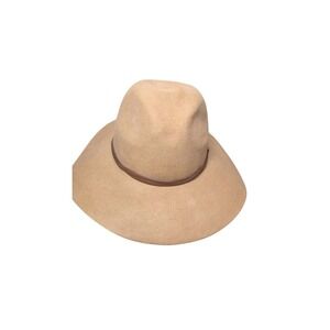 Tan Wide-Brim Wool Fedora Hat Brown Leather Band 100% Wool Size‎ OS Unisex